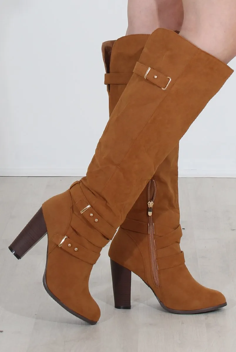 Ansel Tan Over The Knee Buckle Boots