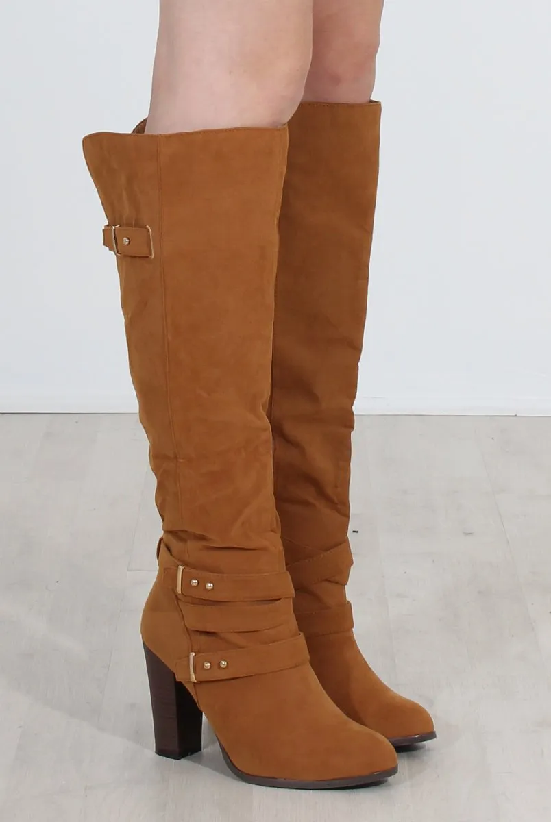 Ansel Tan Over The Knee Buckle Boots