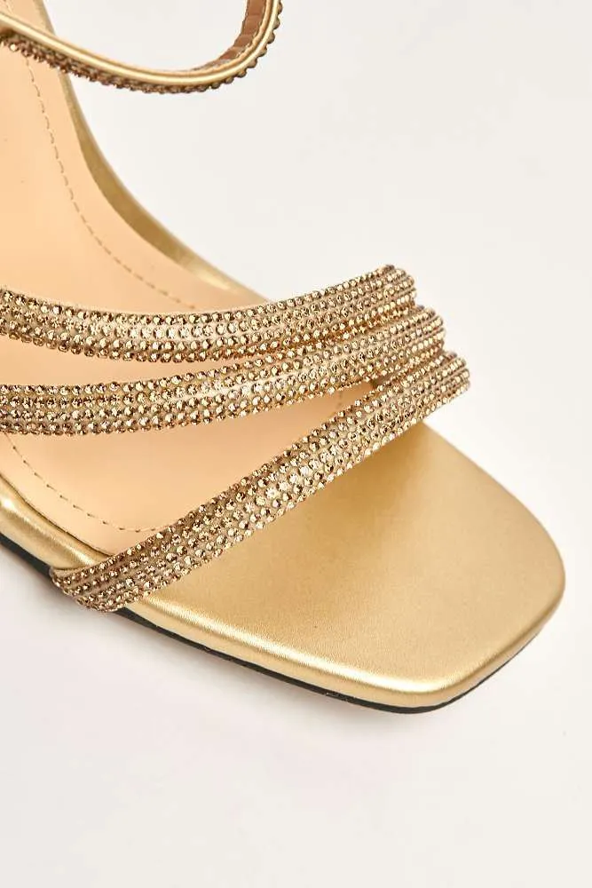 Azura Perspex Heel Diamante Embellished Anklestrap Sandals in Gold