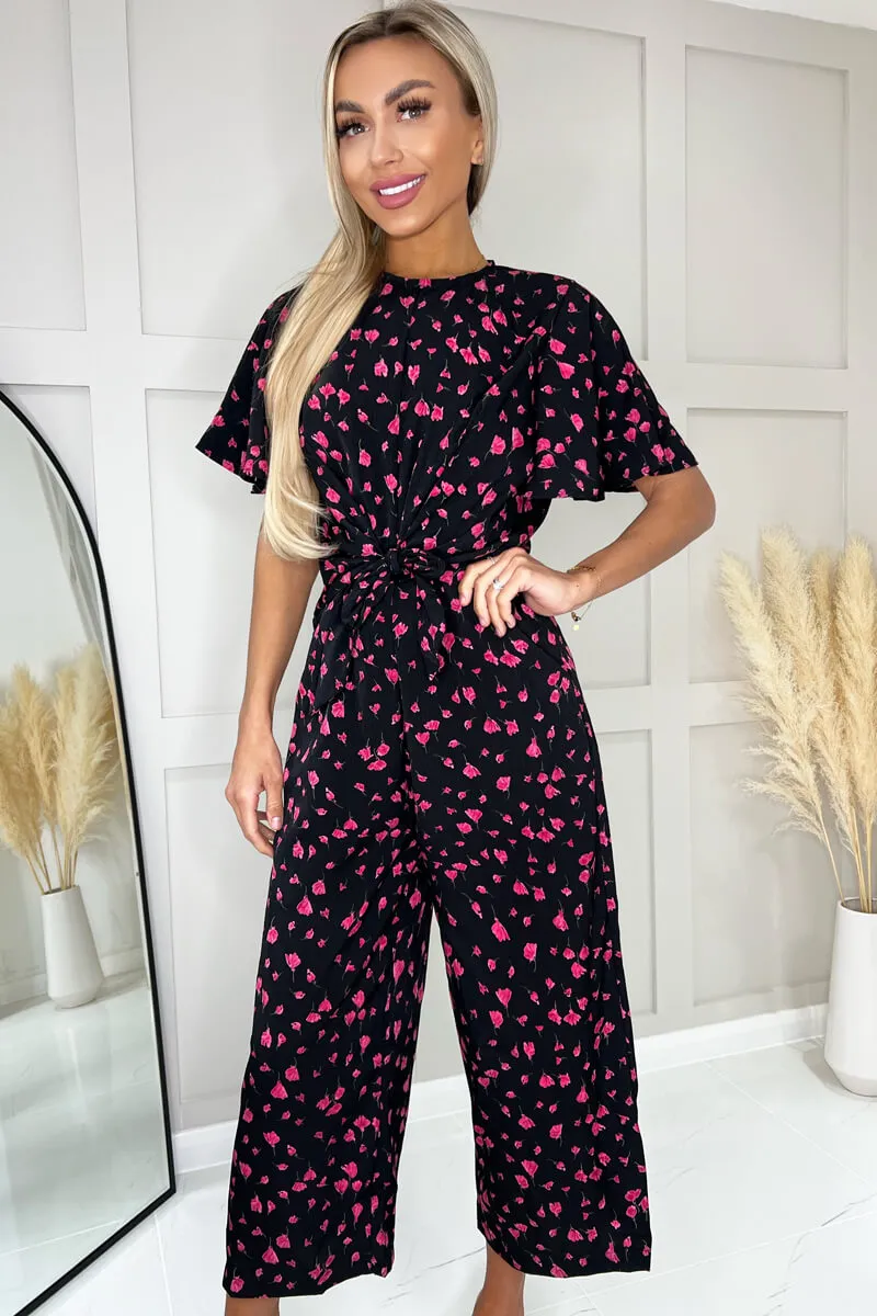 Black And Pink Floral Printed Short Sleeve Tie Waist Jumpsuit