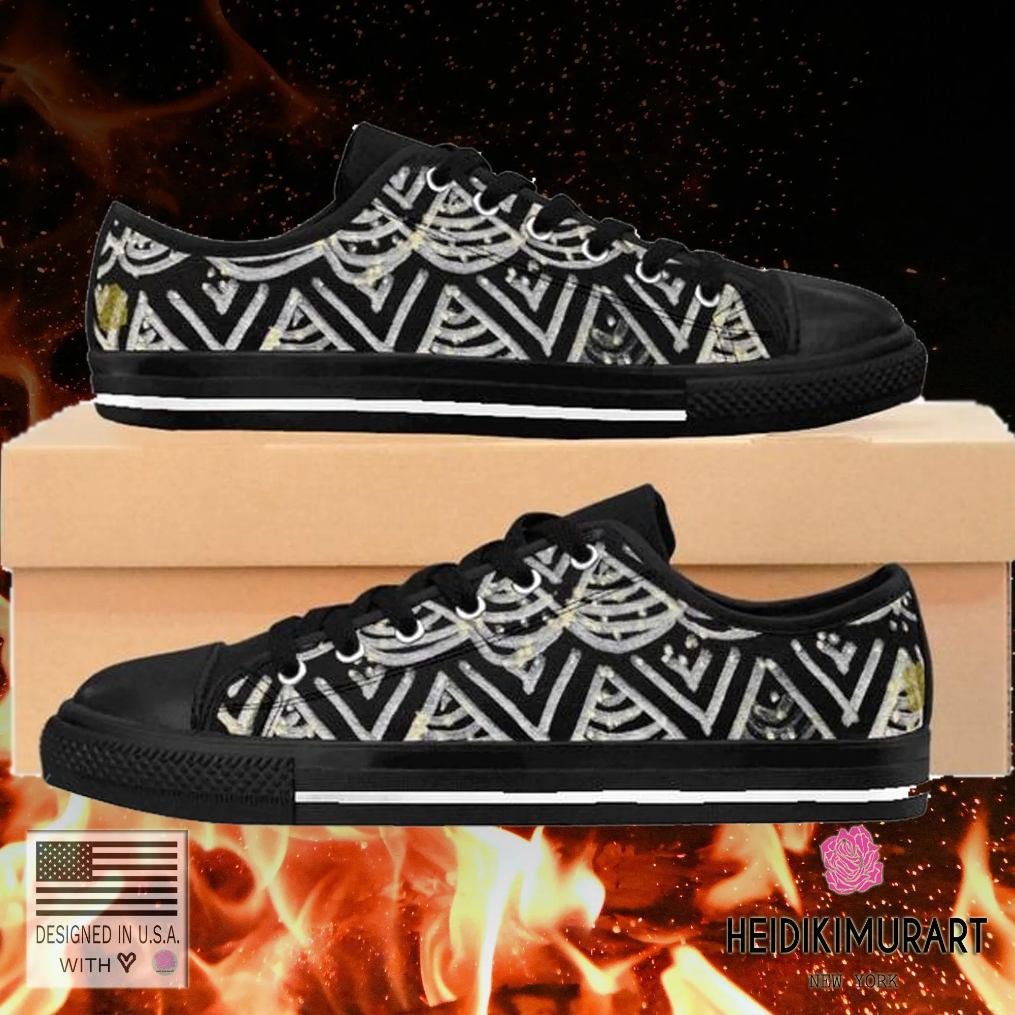 Black Chevron Men's Low Tops, Premium Men's Nylon Canvas Tennis Fashion Sneakers