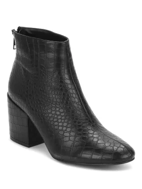 Black Croc PU Back Zipper Low Heel Ankle Boots