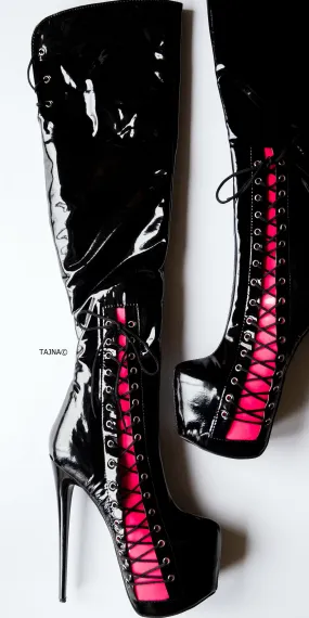 Black Pink Gloss Corset Detail Over Knee Boots