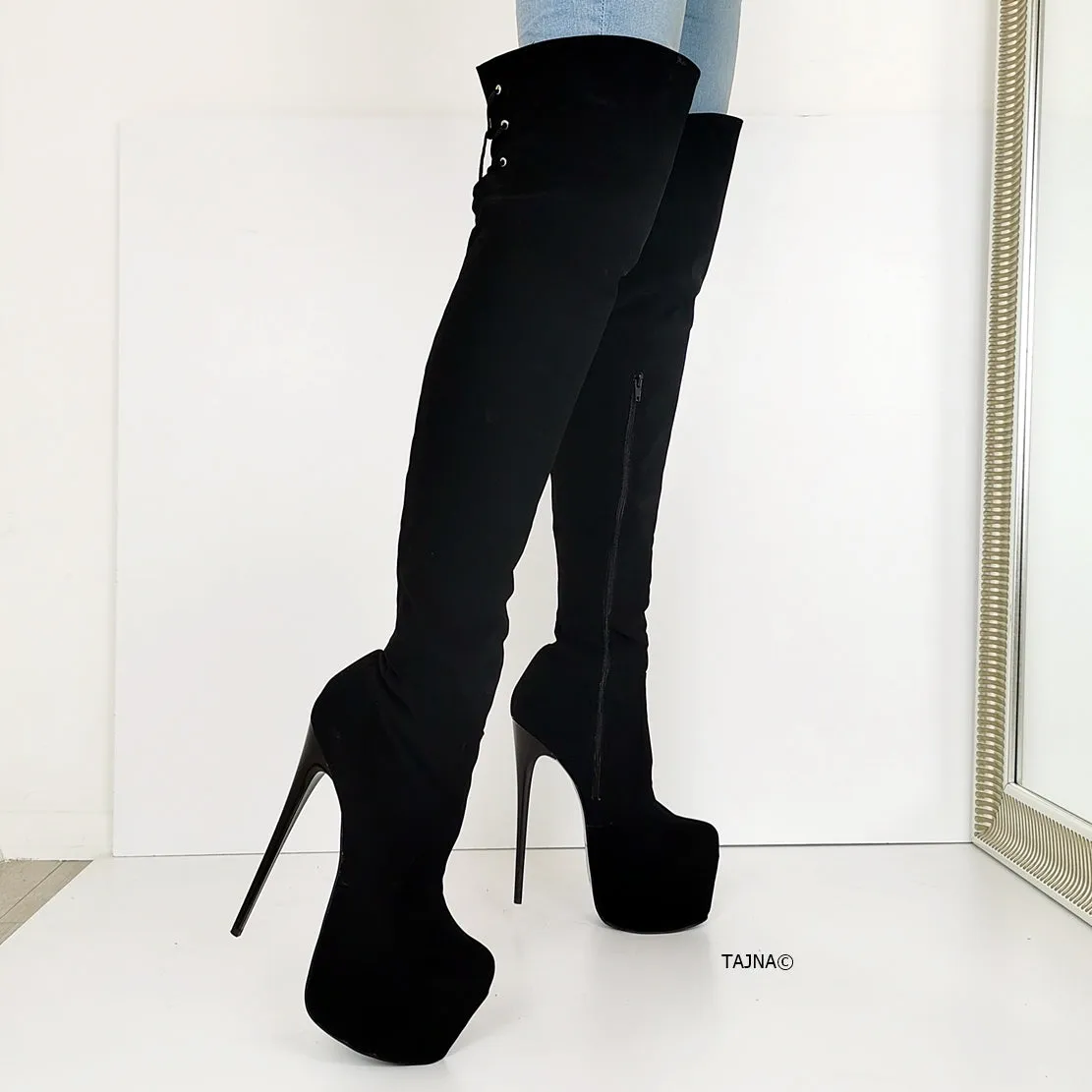 Black Suede Over Knees High Heel Boots