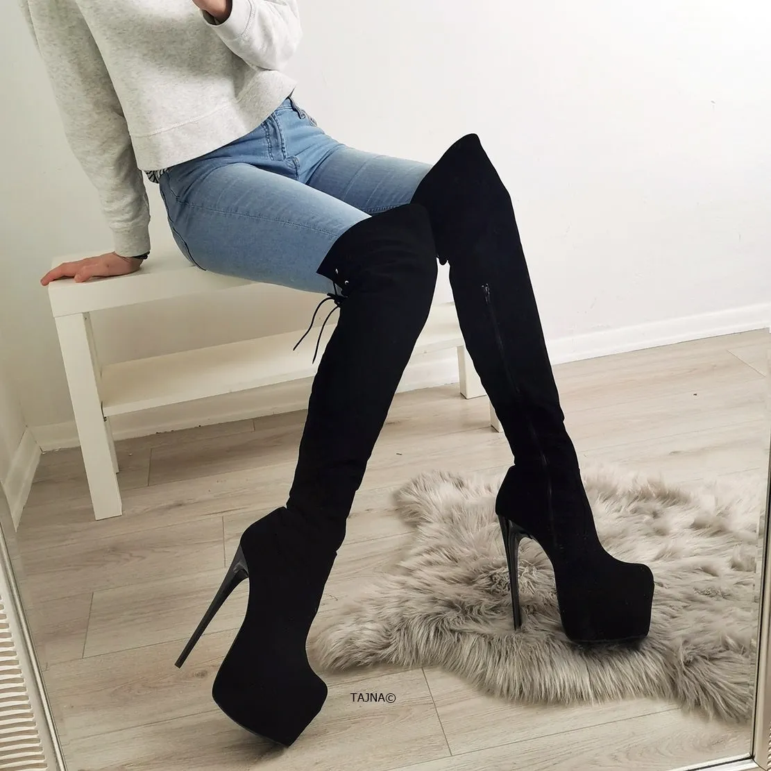 Black Suede Over Knees High Heel Boots