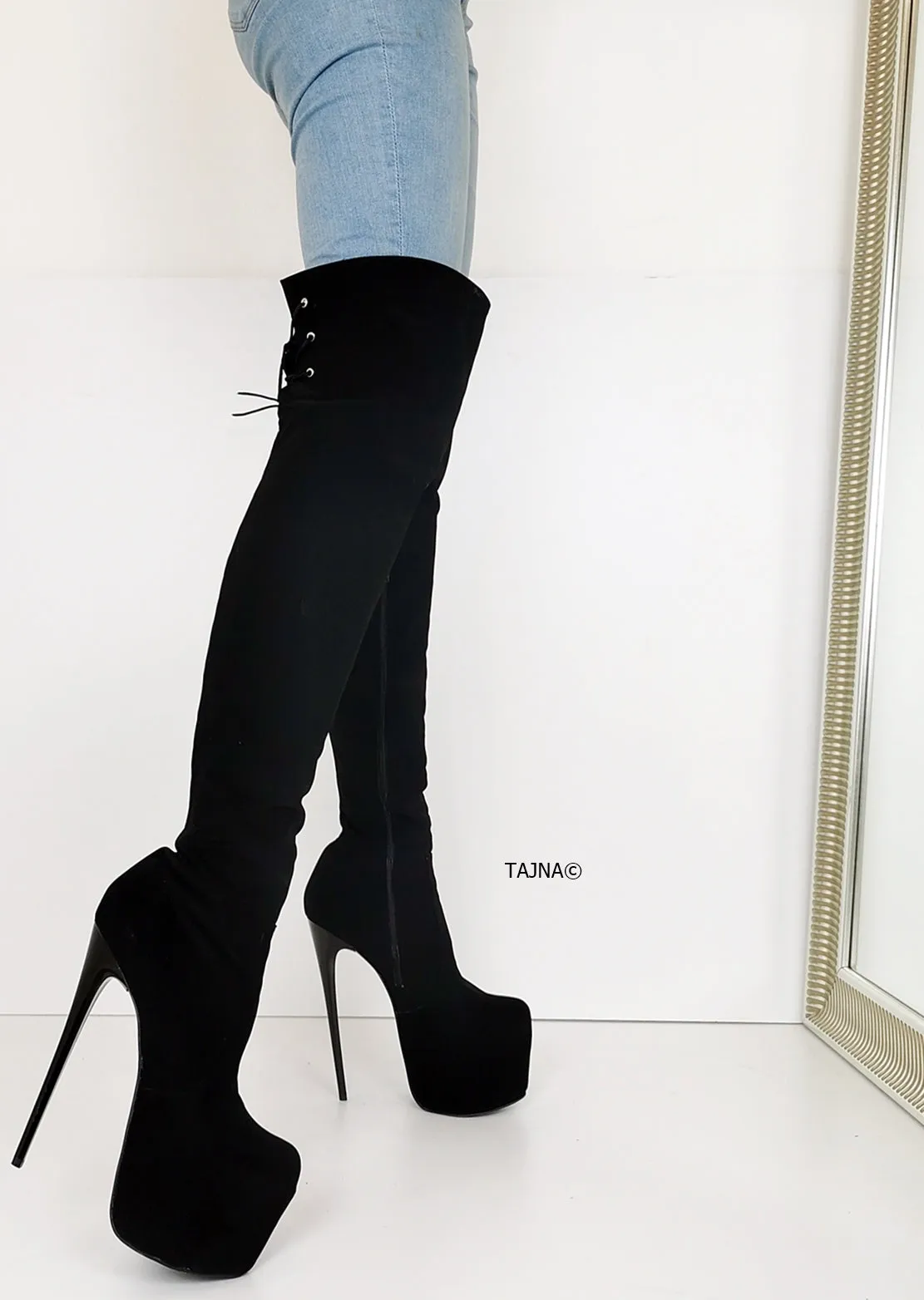 Black Suede Over Knees High Heel Boots