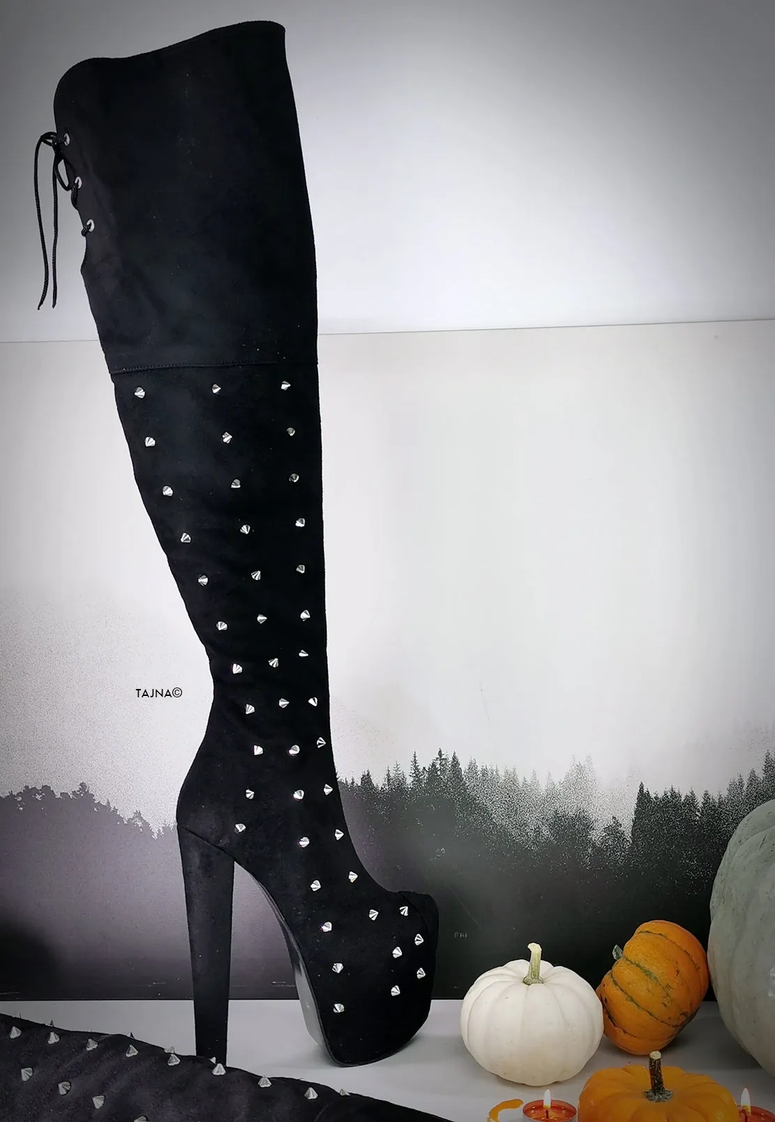 Black Suede Spike Studded Long Boots