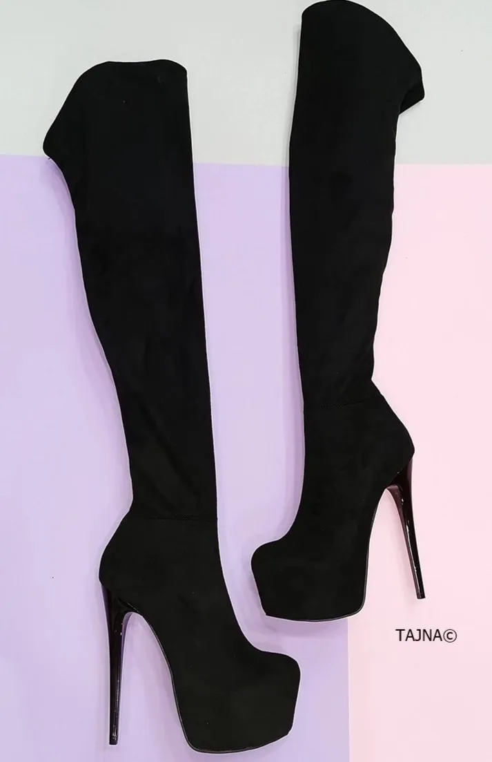 Black Suede Strech Thigh High Platform Boots