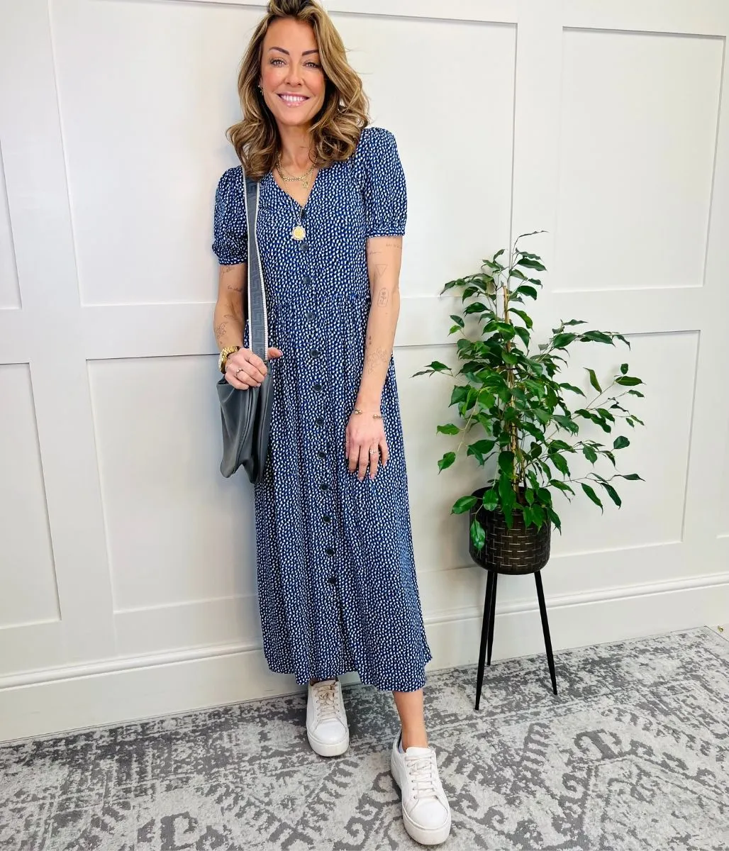 Blue Ditsy Spot Button Through Midi Dress