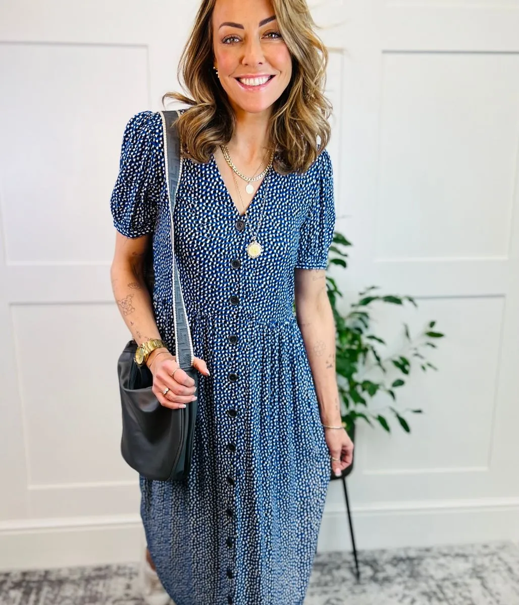 Blue Ditsy Spot Button Through Midi Dress