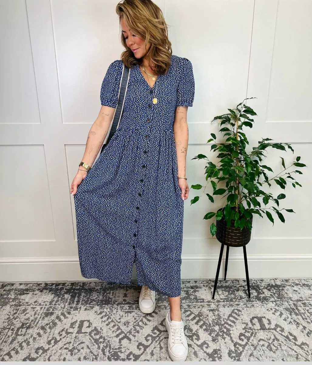 Blue Ditsy Spot Button Through Midi Dress