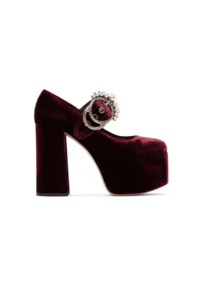 BURGUNDY MARY JANE VELVET PLATFORM SHOES