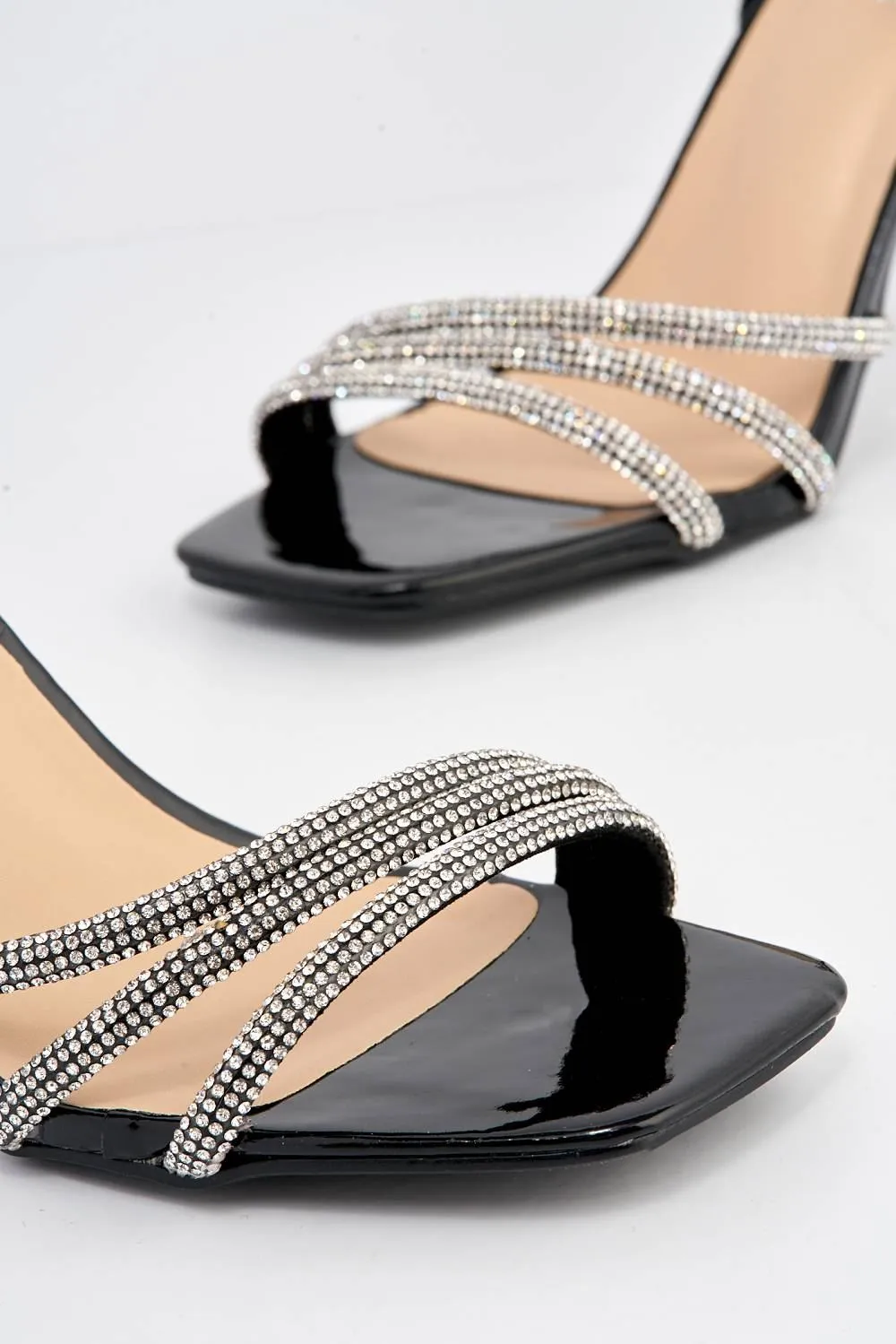 Camina Diamante Embellished 3 Strap Heeled Sandals in Black