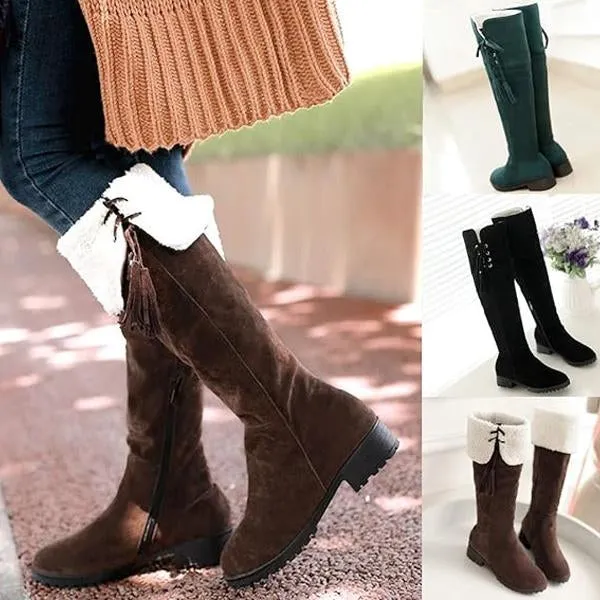 Women's Casual Plush Fringed Flat Over-the-Knee Boots 59838575S