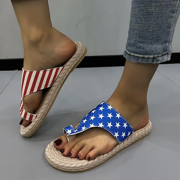 Women's Casual Star Stripe Toe Ring Beach Slippers 15019498S