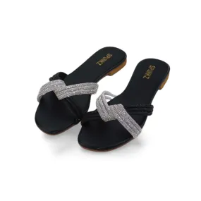 Women's Flat Sandals with Rhinestone Ziczac Straps